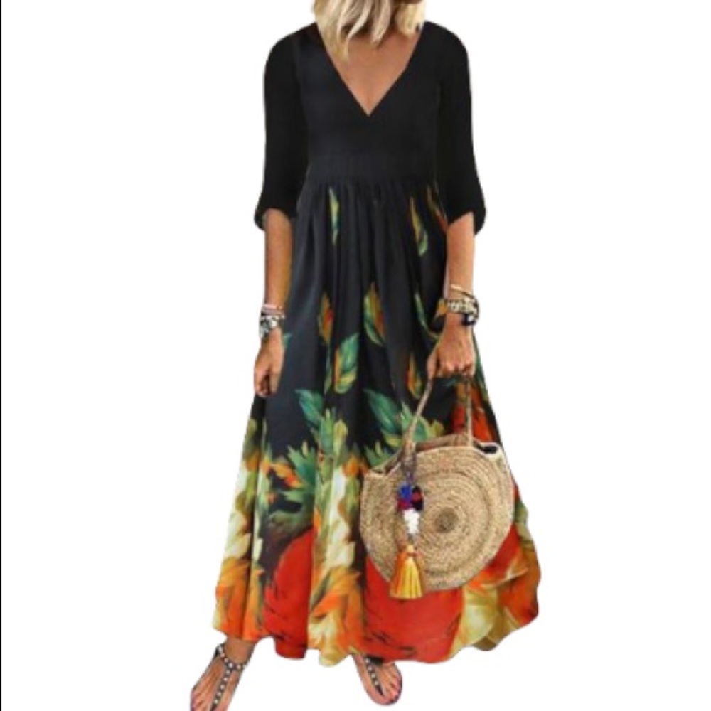 Floral & Feather V-neck Maxi Shift Dress